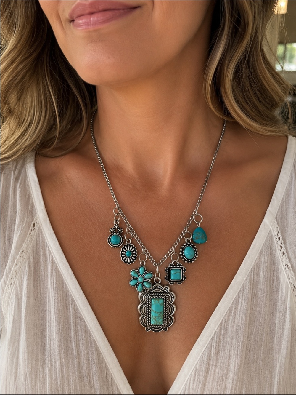 Turquoise Charm Pendant Necklace - Silver Tone Women’s Jewelry - Picture 1 of 10
